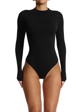 Naked Wardrobe Black Mock Neck Long Sleeve Bodysuit L NWT Minimalist Snatched